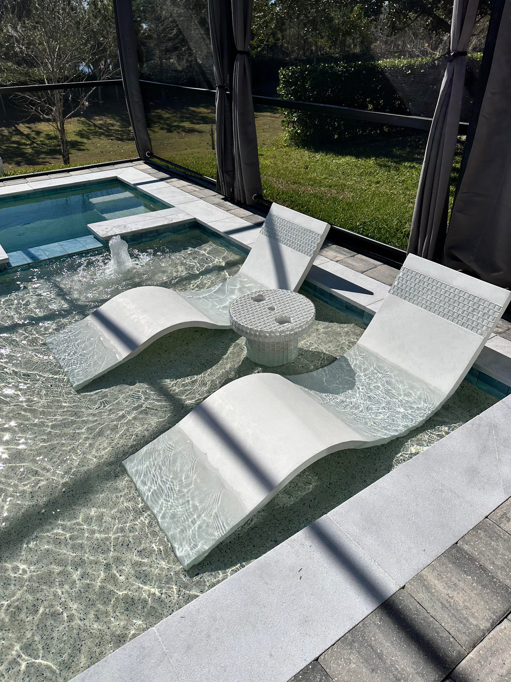 White Sun Shelf Lounger with Headrest Glass Tile Inlay