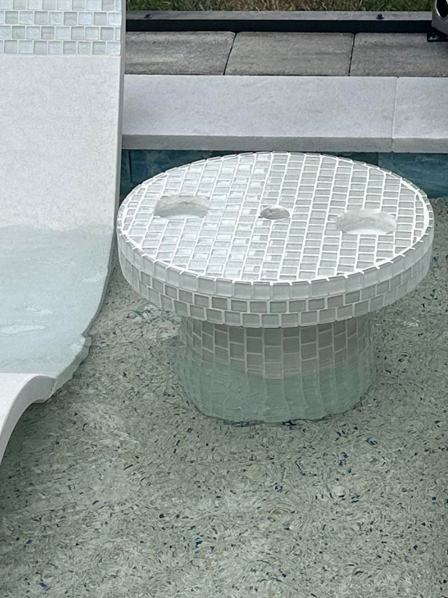 Glass Tile Overlay Side Table with Built-In Drink Holders and Umbrella Holder