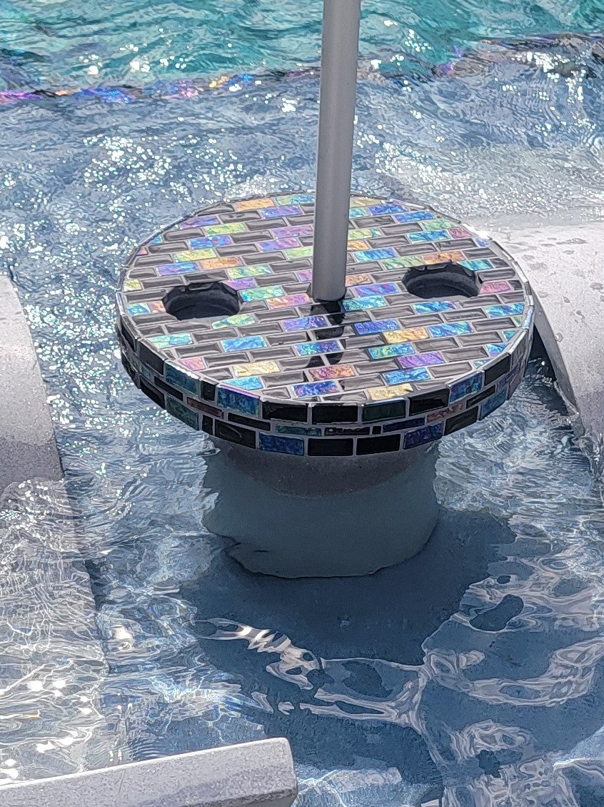 Glass Tile Overlay Side Table with Built-In Drink Holders and Umbrella Holder