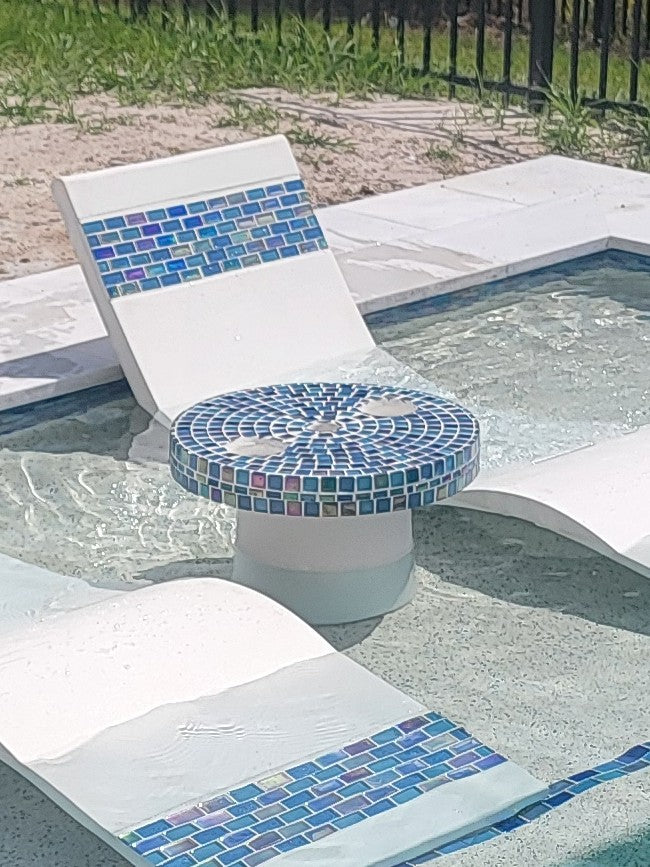 Glass Tile Overlay Side Table with Built-In Drink Holders and Umbrella Holder